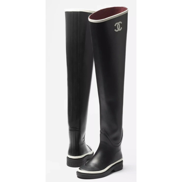 Chanel 22K Black White Caoutchouc CC Logo Thigh High Pull On Rubber Rain Boot 38 - Picture 3 of 11